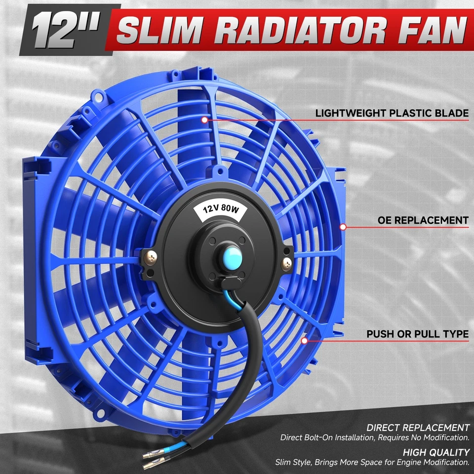 Juego de 2 ventiladores de refrigeración de radiador delgado eléctrico de alto rendimiento de 12" + kit de montaje azul Foto 2 de 4
