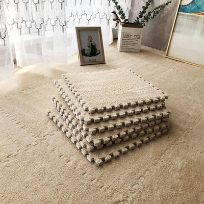 24 Pcs 12'' Plush Interlocking Carpet Squares Tiles Soft Puzzle Mat Beige Tan
