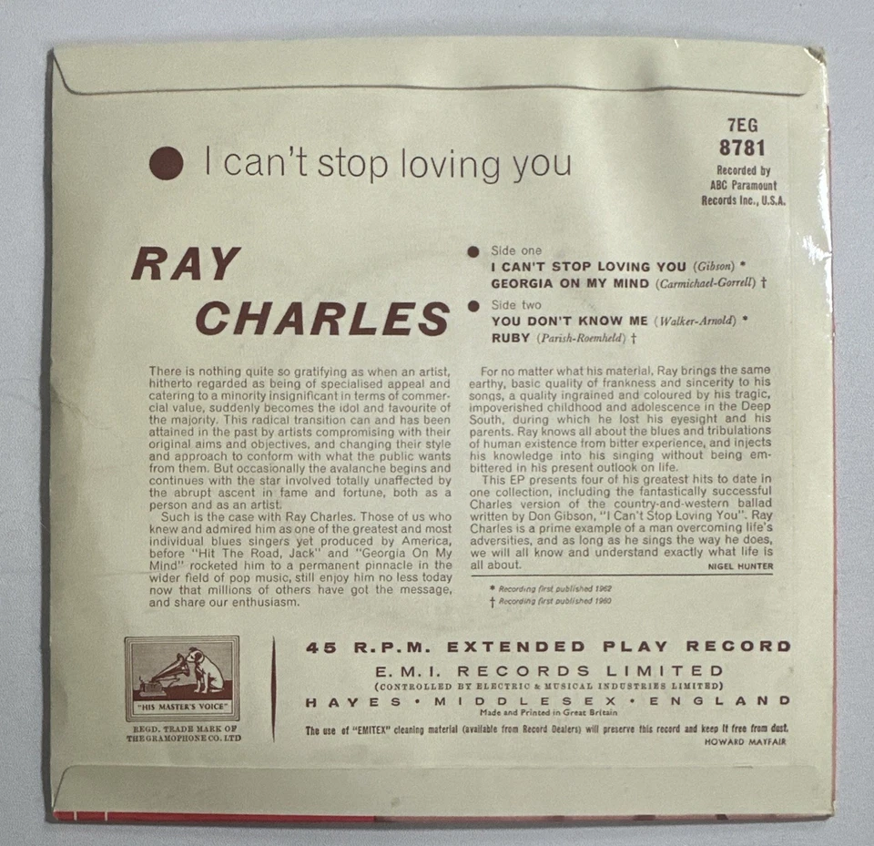 Ray Charles - I Can't Stop Loving You 7” Vinyl Record Mono VG+ / EX - Image 3 of 4