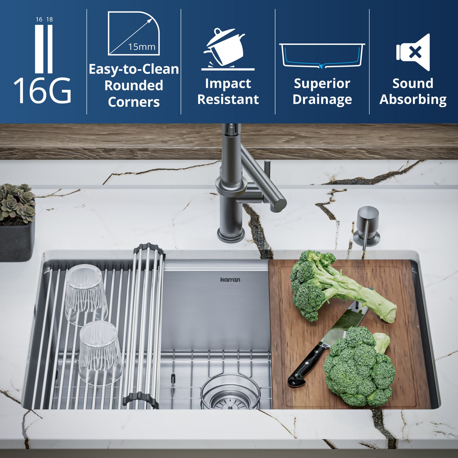 Karran USA WS-35-PK1 Elite Workstation 30" Undermount Single - Satin Brushed