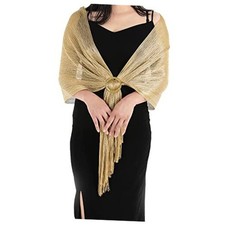 Aster Sparkling Metallic Shawls and Wraps for Evening Dresses with Buckle Gold