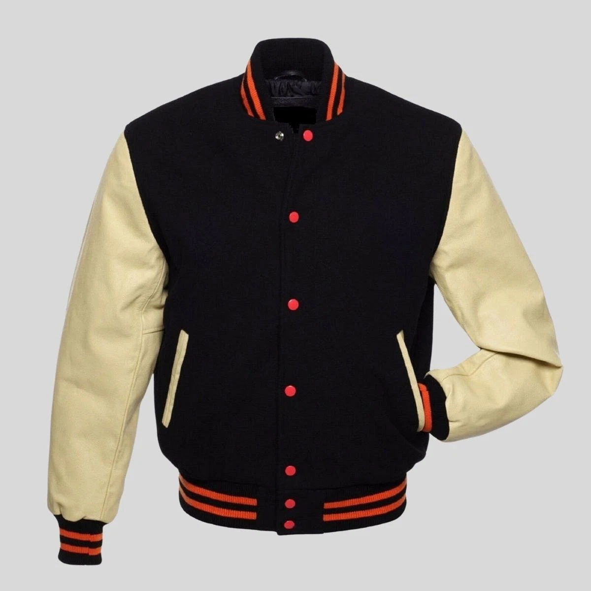 Men’s Black Varsity Jacket Cream Leather Sleeves Orange Trim Letterman