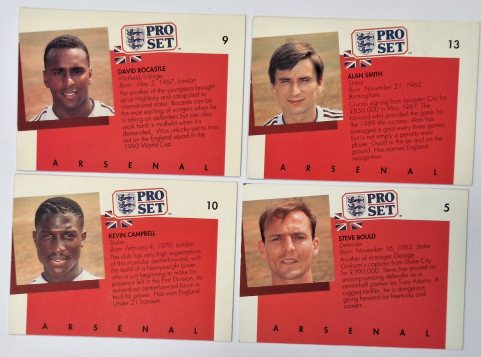 ARSENAL - PRO SET 1990/91- HAND SIGNED LOT OF 4 CARDS inc ROCASTLE ...