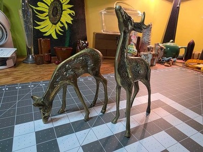 Vintage MCM Solid Brass Deer Figurine Set - Pair of Buck & Doe 7'' Tall