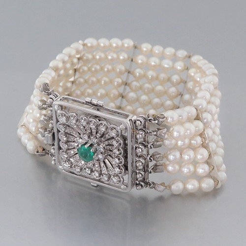 Armband 6-reihig - 156 Akoya-Zucht-Perlen, 1 Smaragd & 48 Diamanten - 18K WG - Bild 5 von 5