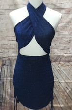 Shein Mini Bodycon Dress Size Small 4 Blue Metallic Shimmer Front Criss Cross
