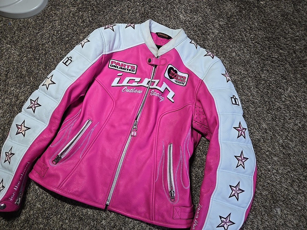 Icon Kitty Pink White Leather Motorcycle Women's Jacket XL