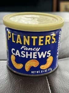 VTG Original Planters Fancy Cashews 6 1/2 Oz Metal Can W Lid Mr Peanut Wide Seam