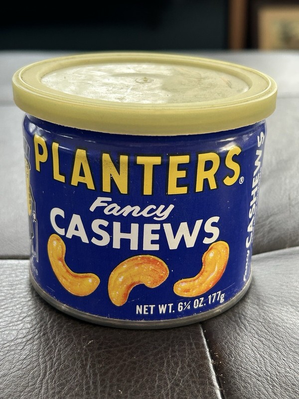 VTG Original Planters Fancy Cashews 6 1/2 Oz Metal Can W Lid Mr Peanut Wide Seam