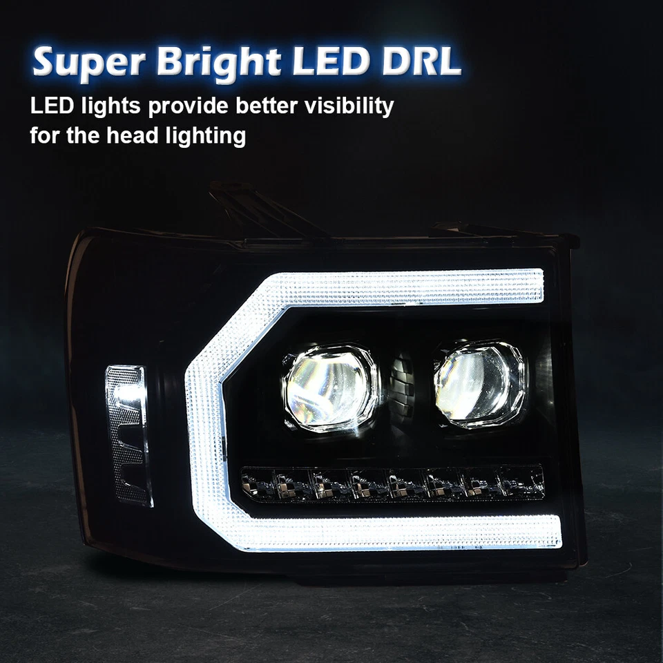 Fit For 2007-2013 GMC Sierra 1500 2500HD 3500HD LED DRL Tube Projector Headlight - Image 4 of 4