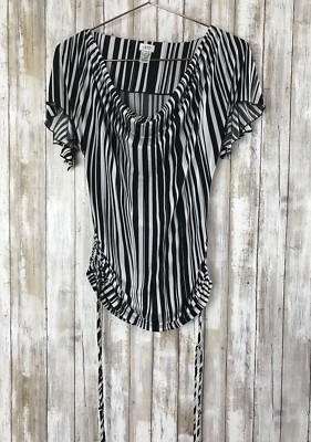 CACHE Drape Neck Black & White Stripe Dolman Sleeve Top Ruched Sides XS RARE