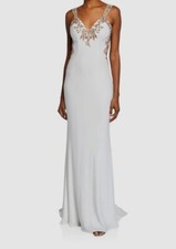 395 Faviana Couture Women's White Embellished V-Neck Column Gown Dress Size 10