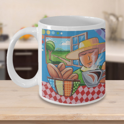 Man With Brim Hat in Colorful Cafe 11 oz Mug ~ Coffee Cup ~ Gift ~ Art Mug ~