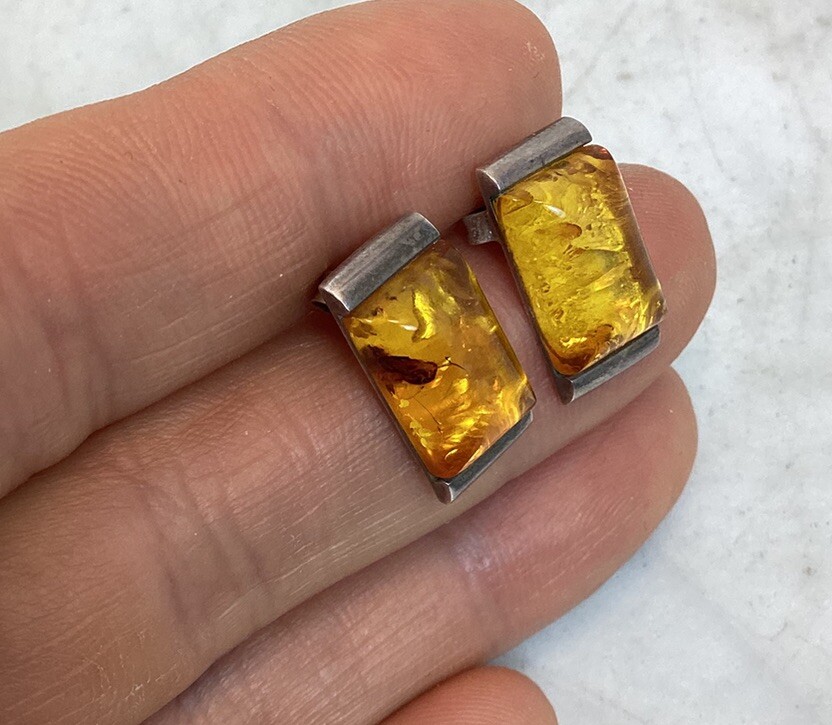 Vintage Sterling Silver Amber Rectangular Stud Ea… - image 2