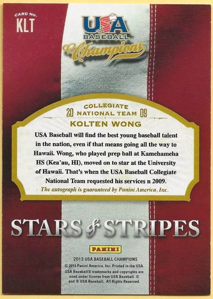 Kolten Wong 2013 Panini Autograph RED 21/25 Collegiate TEAM USA Stars & Stripes - Image 2 of 2