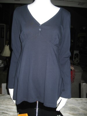 NAVY BLUE JUNIOR V NECK TOP BLOUSE BY APOLLO SIZE LARGE 2 BUTTON GATHERED FRONT 