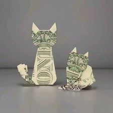 Money Origami Cats 2 Framed Handmade Real Dollar Bills Cash Art Gift Hang Easel
