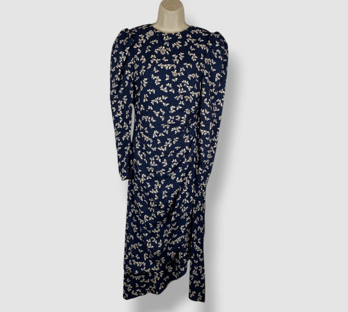 alessandra rich blue dress Alessandra Rich // Silk Polka Dot Ruched Midi Dress – VSP Consignment