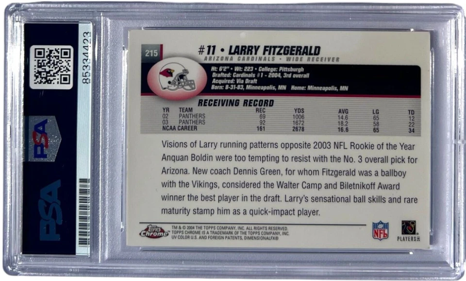 LARRY FITZGERALD SIGNED 2004 TOPPS CHROME ROOKIE CARD #215 AUTO RC PSA/DNA - Image 2 of 2