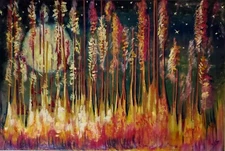 Original Oil Painting Wall Art Decoration Stretched Canvas - Moon Behind Forest