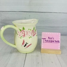 Harry & David Embossed PINK BUTTERFLY FLORAL Green Stoneware 2 Quart 7" Pitcher