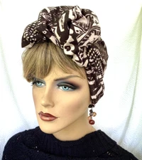Ruffled Front Brown and Tan Abstract Print Stretch Chemo Turban Hijab Alopecia