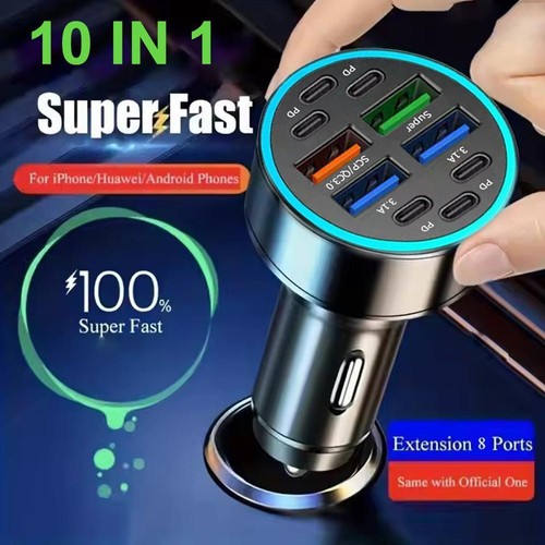 10 Charging Port Car Charger SUPER/PD/QC3.0 Fast Charge Auto Cigarette Lig D9C9 - Zdjęcie 3 z 10