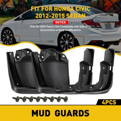 4-Piece Mud Flaps / Splash Guards For 2012-2015 Honda Civic Sedan – Black PP/TPO