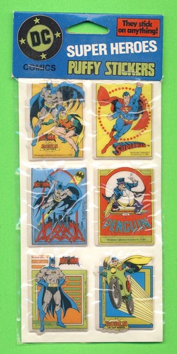 1988 DC COMCS 3-D Vinyl Puffy Stickers BATMAN Robin PENGUIN Superman SEALED MINT