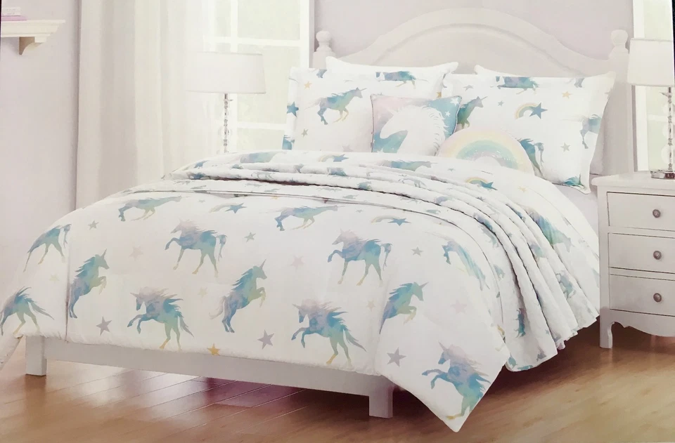 Juego de edredón 6 piezas UNICORNIO arco iris FULL QUEEN LIL Envogue NIÑOS almohada púrpura Foto 3 de 4