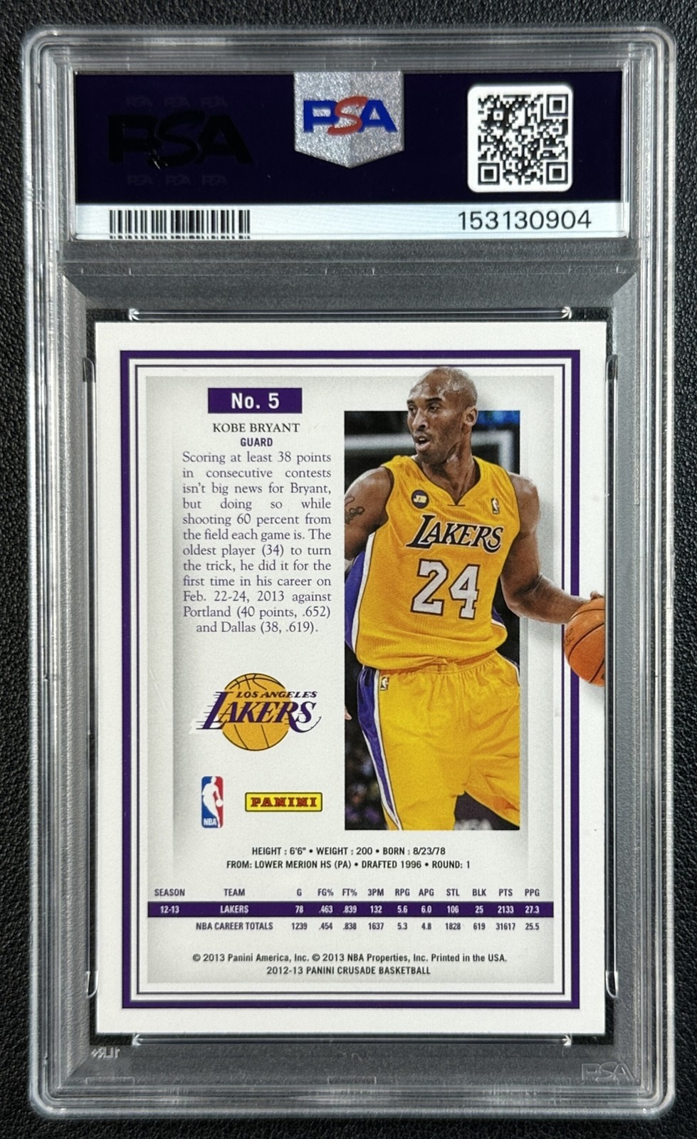 KOBE BRYANT PSA 10 2012-13 PANINI CRUSADE #5 LAKERS GEM MINT 0904 view 2
