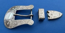 WOW   Vintage Sunset Trails Engraved Sterling Silver 3 Pc Ranger Belt Buckle Set