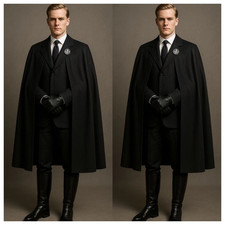 British Black Men's Suit with Cape Formal Wedding Evening Party Prom Coat Pant