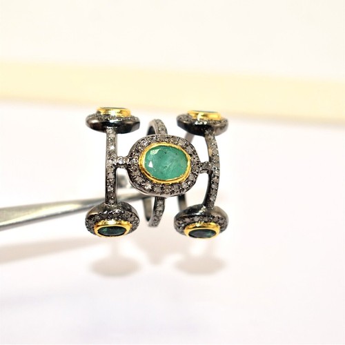 Anello Pave Diamante con Pietra Preziosa Smeraldo, Anello in Argento...