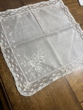 Vtg, Hand embroidered Wedding Handkerchief Ivory