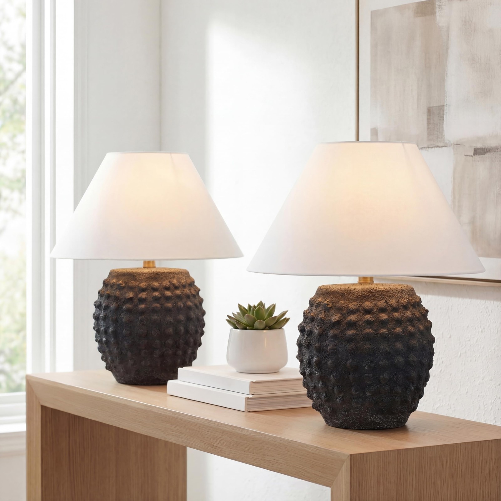 18.25" Matte Black Ceramic Hobnail Table Lamp Set of 2 for Bedroom, Modern Mi...