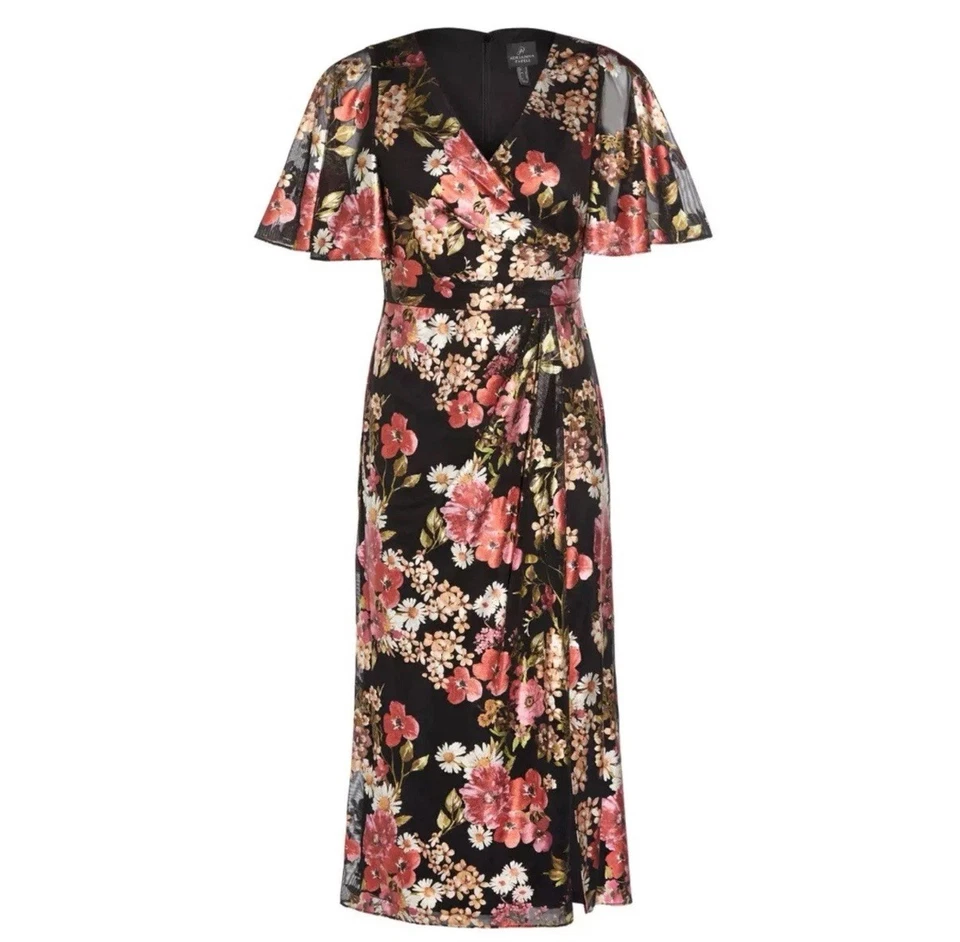 Adrianna Papell Black Floral Brocade Foiled Print Mesh Draped Midi Dress Sz 16 - Image 3 of 4