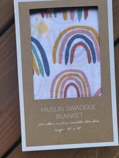 Boutique Mud Pie Rainbow Print Muslin Swaddle Blanket 47 X 47 New In Gift Box