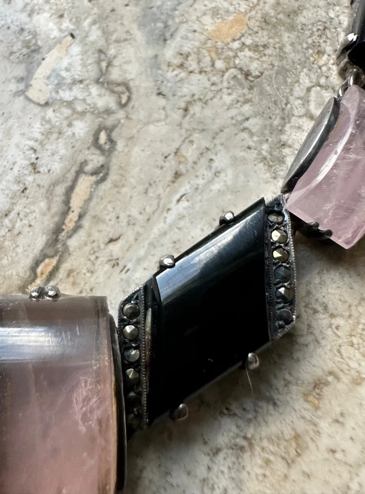 Collier vintage in argento maglia greca anni 40 modello deco’ quarzo rosa onice - Immagine 4 di 4