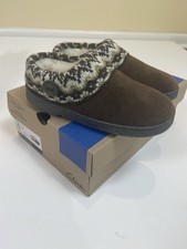 Clarks Womens 7 Fair Isle Sweater Clog Slippers Brown Suede Fur Lined Mule NIB