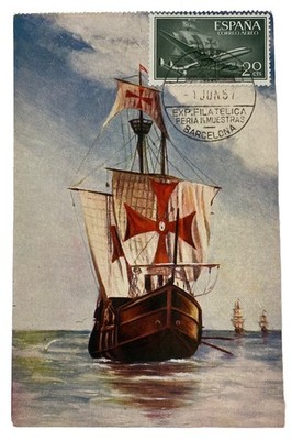 Christopher Columbus Ships Nina Pinta y Santa Maria ~ Vintage 1950s Postcard