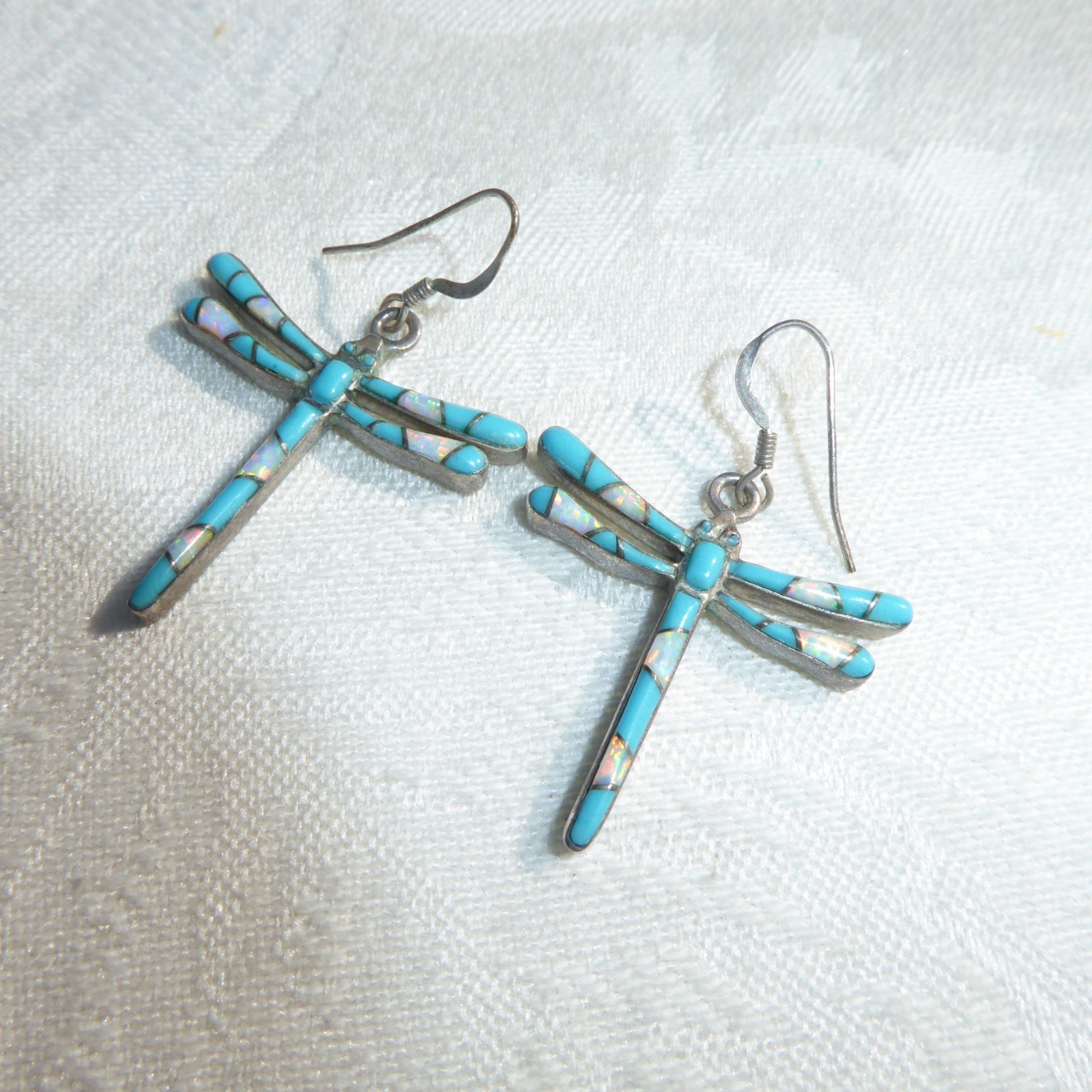Native American Sterling Silver Opal Turquoise Dragonfly Dangle Earrings Amazing