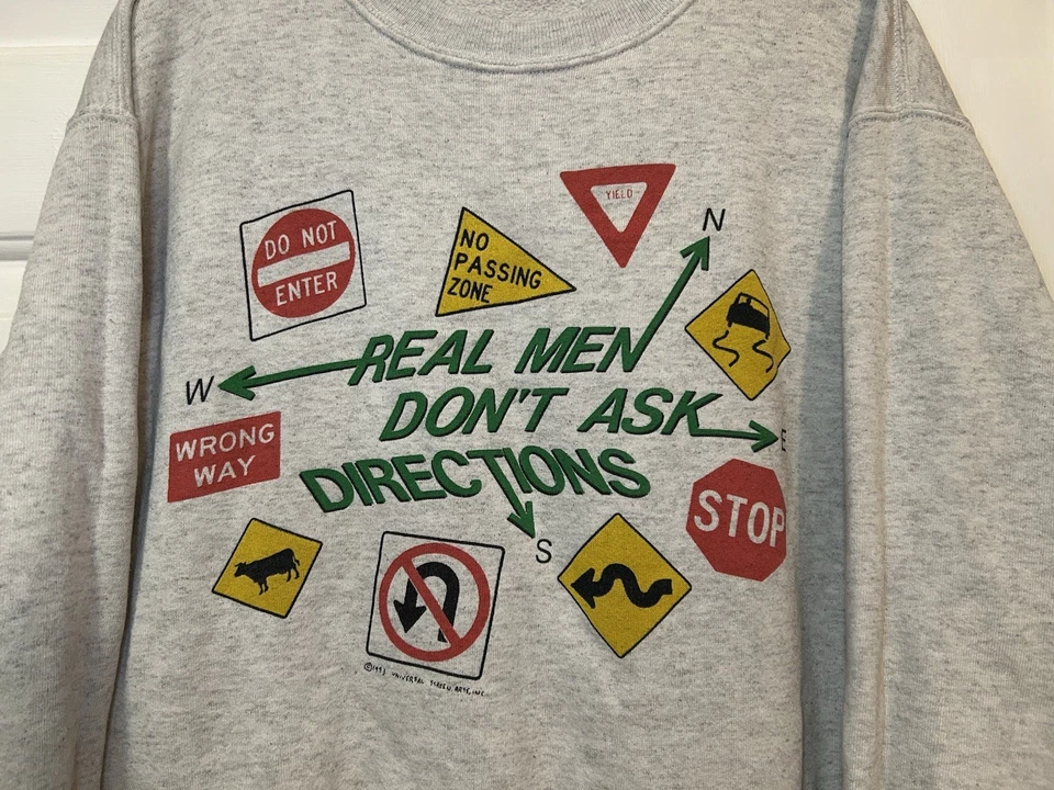 Sudadera De Colección Real Hombres Don’t Ask Directions Gris Medio Hecha en EE. UU. Divertida Foto 2 de 4