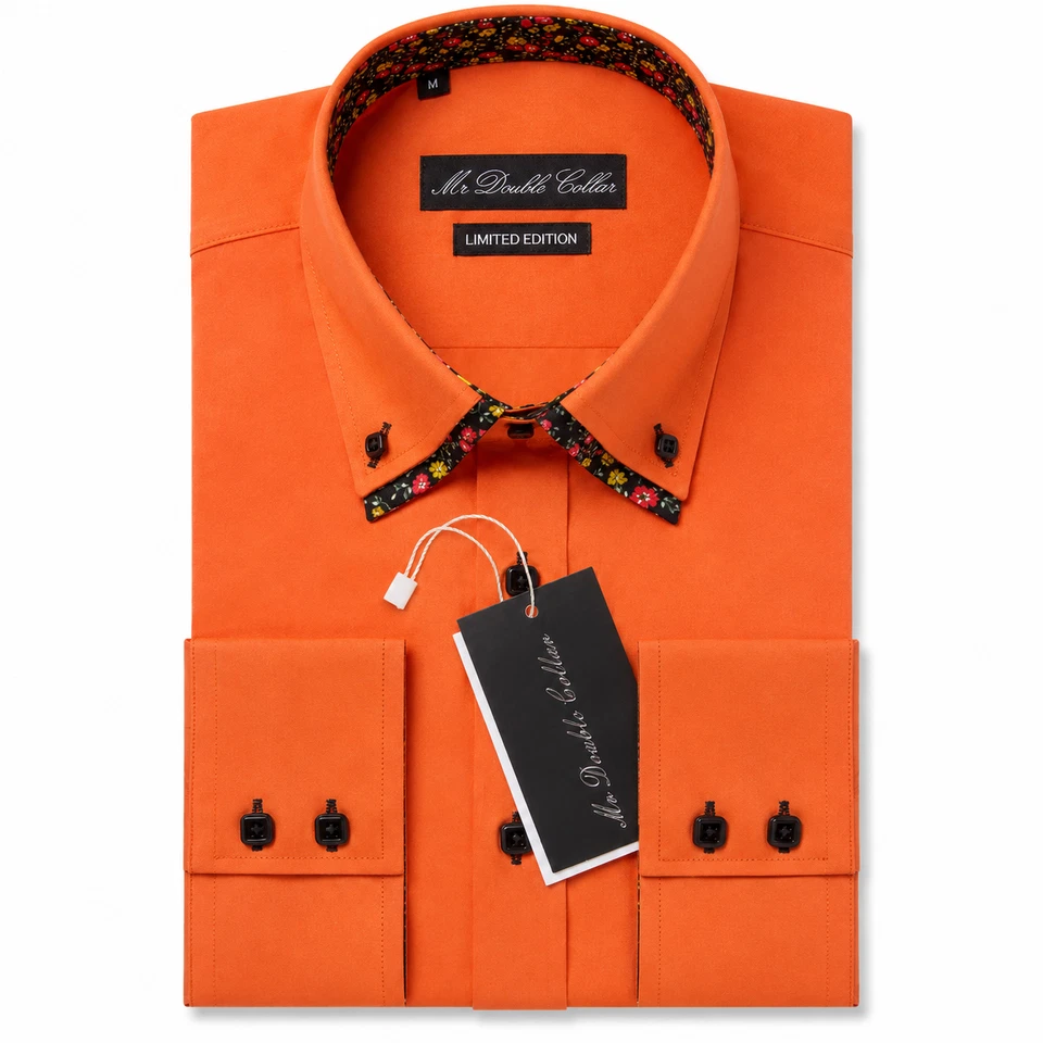 Camisa Formal Hombre Smart Doble Cuello Flores Naranja Manga Larga Botón - Imagen 1 de 1