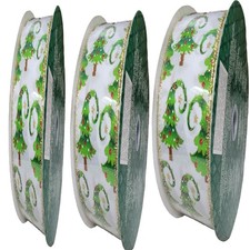 3PKKirkland Wire Edged White Ribbon with Christmas Trees Glitter Accent 50yd X 2