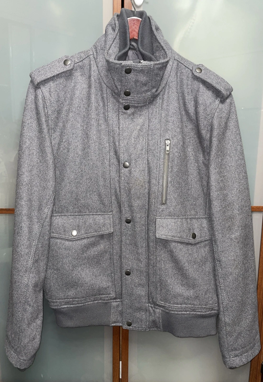 GUESS Mens Wool Gray Moto Bomber Military Peacoat Field Utility Jacket Coat Sz L