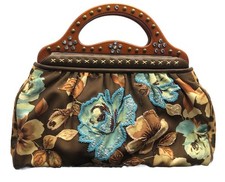 Isabella Fiore Beaded Floral Studded Crystals Wooden Handle Satchel Handbag