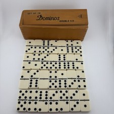 Vintage Double 6 Dominoes Set 28 Pieces With Brass Spinners  Wooden Case