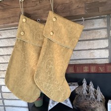 2 Elegant Christmas Stocking Satin Gold Victorian Baroque Tapestry Buttons