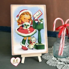 Girl mailing a Letter to Santa reto Christmas plaque Vtg style home decor #PL-12